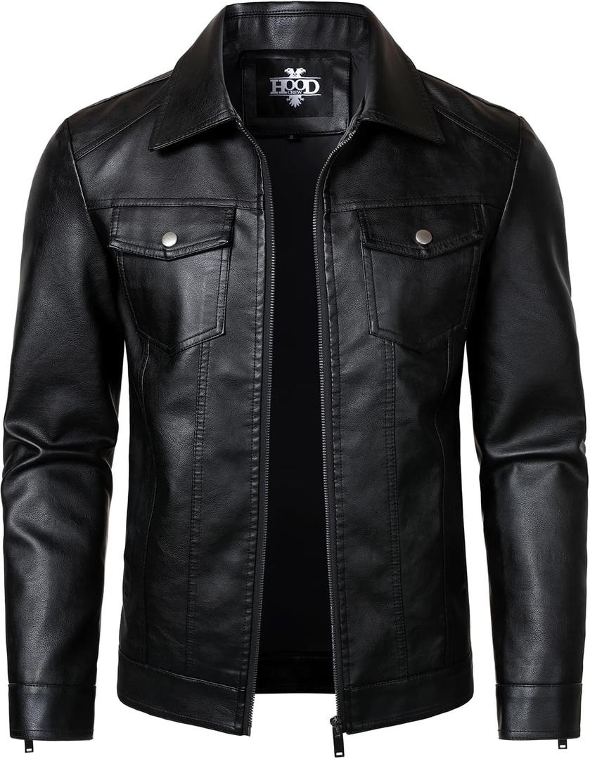 HOOD CREW Mens Leather Jacket Motorcycle Biker Jackets Casual Lightweight Faux Leather Outwear (XX-Large, Black)