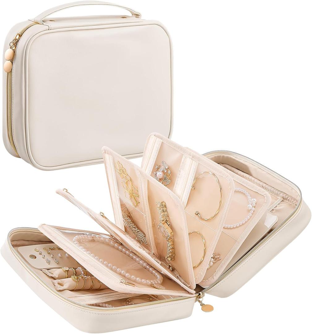 Lolalet Travel Jewelry Organizer Case, Large Jewelry Binder Storage Book with Zippered Pouches, Portable Leather Bag for Earrings, Rings & Necklaces, Valentine's Chioice for Girls, Women, Beige
