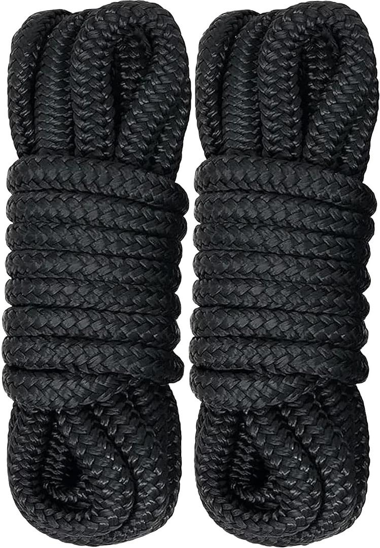2 Pack 5/8" x 25' Dock Lines - Marine Grade Nylon Boat Rope with 15" Loop for Docking and Mooring - Double Braided Boat Lines, High Strength, Easy Handling, Fray Resistant - Black