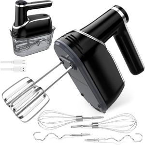 binROC Cordless Electric Hand Mixer, 12-Speed Rechargeable Handheld Mixer with Eject Button, 6 Stainless Steel Attachments, Snap-On Storage Case, LED, Self-Stand for Baking, Cake, Dough, Egg (Black)