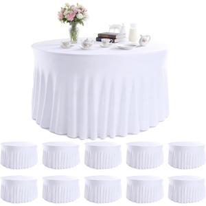 10 Pack White Round Spandex Tablecloths for 60in Tables, 120 Inch Stretch Fitted Table Skirts, Wrinkle-Free Washable Polyester Covers for Wedding, Banquet & Party, 10 pcs