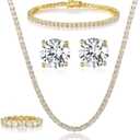 Gemsme 18K White Gold Plated Tennis Necklace/Bracelet/Earrings/Band Ring Sets Hypoallergenic Jewelry Pack of 4
