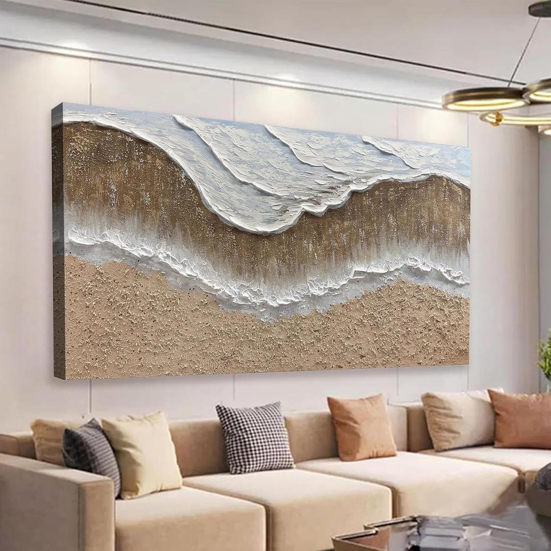 Trogonup Large Coastal Canvas Wall Art for Living Room 24x48 Inch Hand Painted White Ocean Textured Seascape Oil Painting Beach Artwork for Bedroom Office Home Decor Ready to Hang