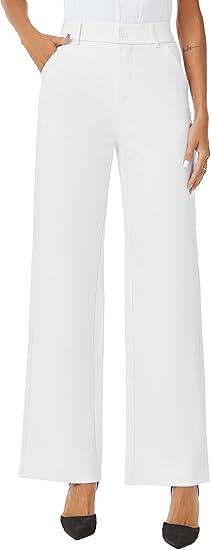 Womens High Waist Wide Straight Leg Trousers Casual Slacks Dress Pants with Pockets, (White, 14XTall)
