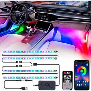 Xprite Dreamcolor USB LED Cars Interior Lights Strip Kits, w/Remote & Bluetooth APP Control, Footwell Under Dash RGB Neon Chasing Inside Lights, DIY Music Mode, Universal for Vehicle Trucks UTV ATV