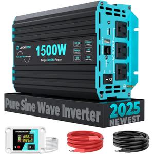 1500 Watt Pure Sine Wave Inverter, 12V DC to 120V AC Inverters for Car, RV, Truck, Home, Camping, Solar Power Inverter with 3 AC Outlet, 30W USB-C, 5V 3.1A USB, Remote Control, Surge 3000W