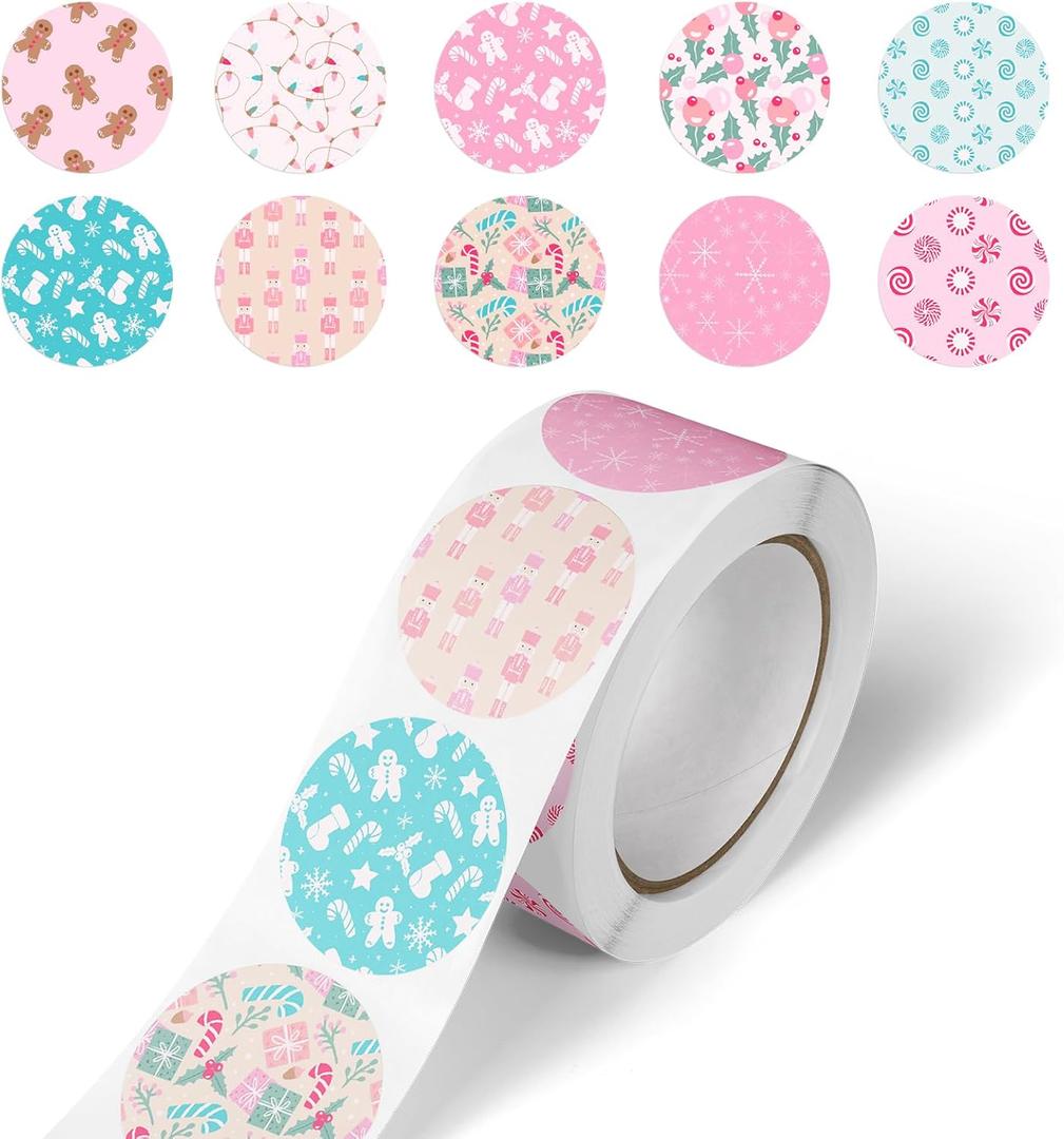2 x 500Pcs Pink Merry Christmas Stickers - Party Supplies Winter Holiday Roll Sticker Pink Stickers Decoration for Xmas Candy Bag,Gift Boxes Party Favors