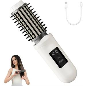 Cordless Hair Straightener Brush Curling Iron Rechargeable Battery-Powered, 3-in-1 Portable Hot Straightener Curling Comb 3 Temperature Settings with LCD Display