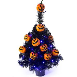 Sunnyglade 21.6 30 LED Halloween Black Spooky Tree Glittered with Purple Lights & 12 Pumpkin Decorations,Battery Powered for Halloween Indoor Tabletop Decoration