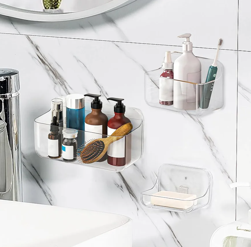 Diesisa 3pc Acrylic Wall Mount Organizer, Adhesive Clear Shower Caddies,Acrylic Soap Basket for wall,No Drilling Hang Walls,with Self Adhesive Tape, for Bathroom, Kitchen, Living Room