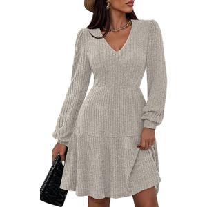 PRETTYGARDEN Long Sleeve Mini Dress for Women 2026 Spring V-neck Knit Babydoll A Line Casual Short Party Dresses