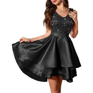 Meetjen Women's Short Prom Dresses for Teens Formal Sequin High Low Satin Bridesmaid Cocktail Party Homecoming Dress (Black, L)