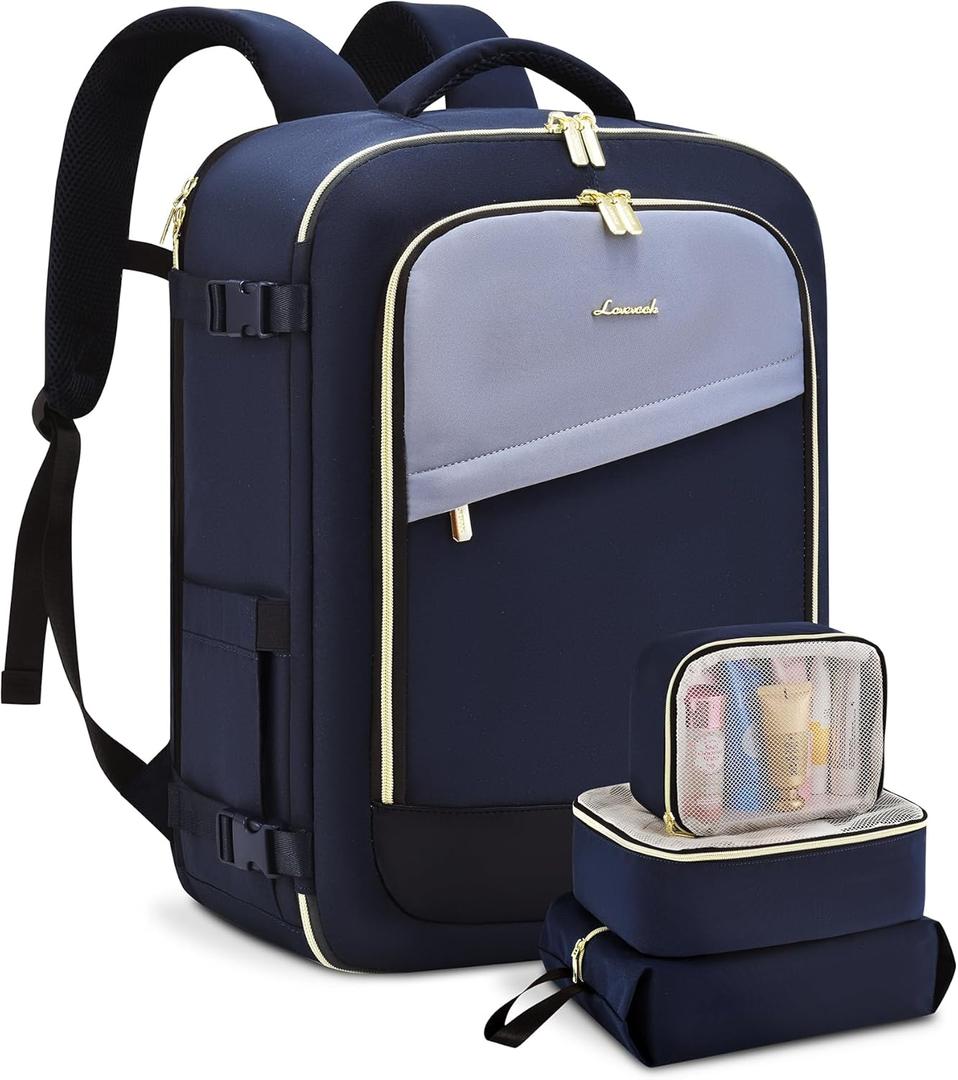 LOVEVOOK Travel Backpack For Women, 40L Carry On Backpack Flight Approved, Large Personal Item Bag Fits 17 Inch Laptop, TSA Approved Luggage With 3 Packing Cubes,Waterproof Weekender Gym Essentials (Dark Blue-Beige-Black)