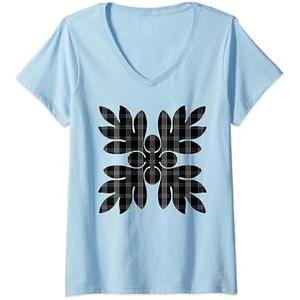 Womens Black Palaka Ulu V-Neck T-Shirt size S
