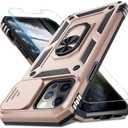 Janmitta Case for iPhone 13 Pro Max Phone Cover Built in Slide Camera Lens Cover+Screen Protector,Heavy Duty Shockproof Full Body PhoneCase with Finger Ring Holder Kickstand,Rose Gold