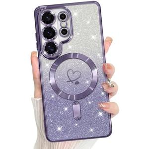 Bonoma Compatible with Samsung Galaxy S26 Ultra Case Support for MagSafe, Plating Heart Glitter Magnetic Case TPU Camera Protection Back Cover -Purple