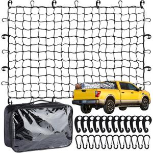 Heavy Duty Cargo Net for Pickup Truck Bed - 4' x 6' Stretches to 10' x 15' - Small 4"x4" Latex Bungee Net Mesh with 24 Clips - Compatible with Ford, Chevy, Dodge Ram, Toyota