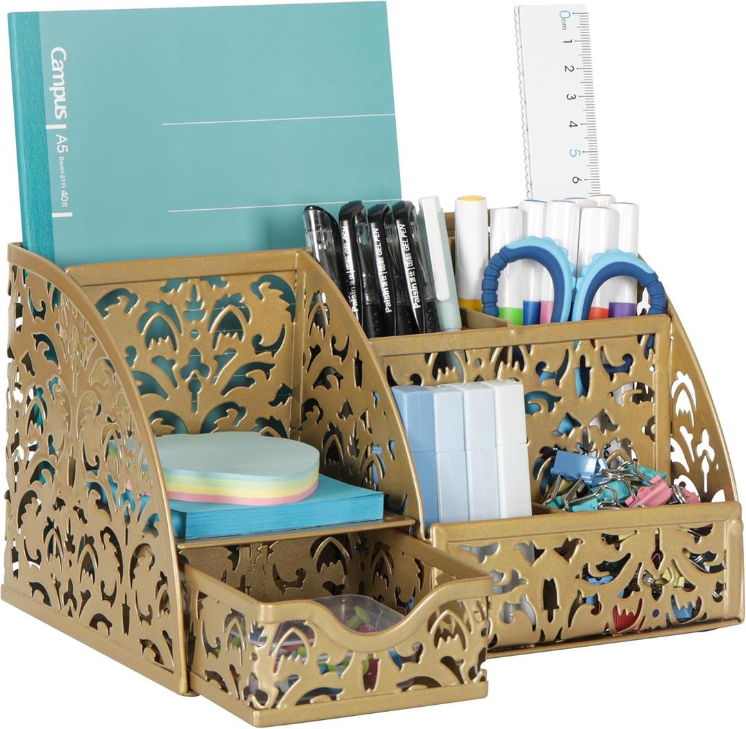 EasyPAG Pen Holder Desk Organizer with Drawer Pencil Cup for Desk 6 Compartments Metal Office Caddy Storage with Sticky Notes Holder for School Home Office, Gold