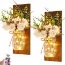 Rustic Wall Sconces Mason Jar Sconces Handmade Wall Art Hanging Design with Remote Control LED Fairy Lights and White Peony,Christmas Decor Gift Farmhouse Wall Home Decor Living Room Lights Set of Two (Peony+brown Board)