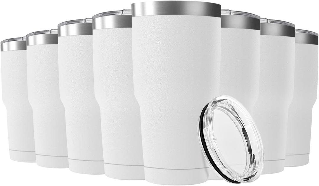 30oz Stainless Steel Travel Mug with Lid, 8 Pack Double Wall Vacuum Insulated Bulk Tumbler, Powder Coated Coffee Cup Suitable for Vehicle Cup Holders (White)