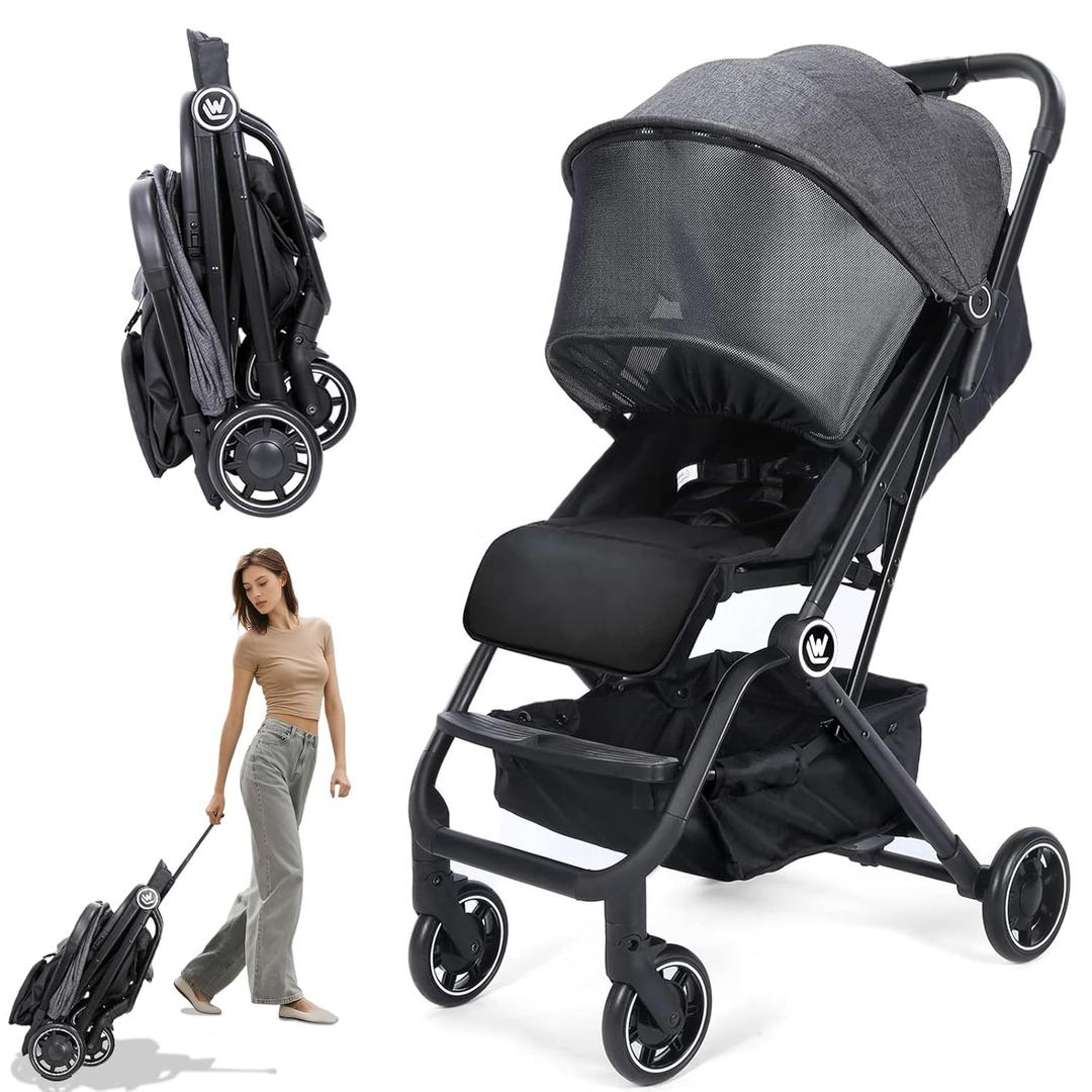 Lightweight Baby Stroller, Compact Travel Stroller with Sleep Shade, Oversize Basket, One Hand Easy Foldable Pram for Airplane Travel and More (F1-150 Degree)