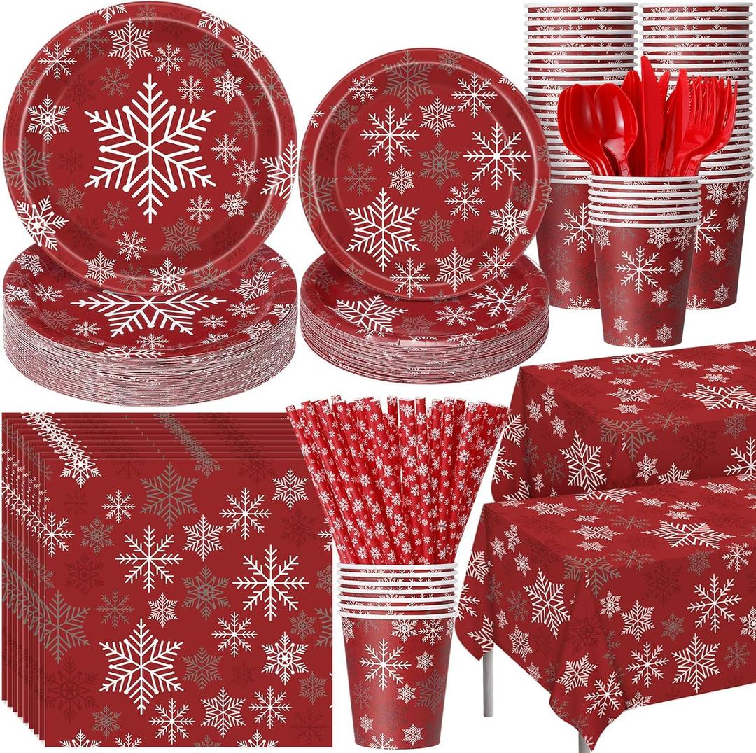 Funnymoom 452 Pcs Christmas Snowflake Party Supplies for 50 Guests, Red White and Sliver Snowflake Paper Plates and Napkins Cups Tablecloth Cutlery Straws for Winter Xmas Birthday Party Decoration