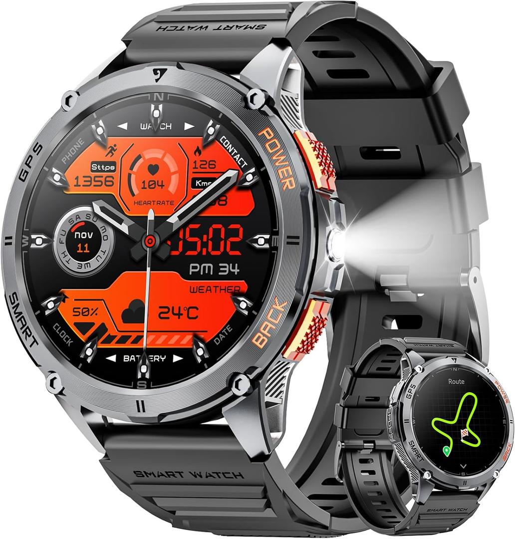 Military Smart Watches for Men with GPS, 1.43" AMOLED Bluetooth Call Smartwatch with LED Flashlight, Smart Watch for Android iOS, IP68 Waterproof Fitness Tracker with Heart Rate (Black)