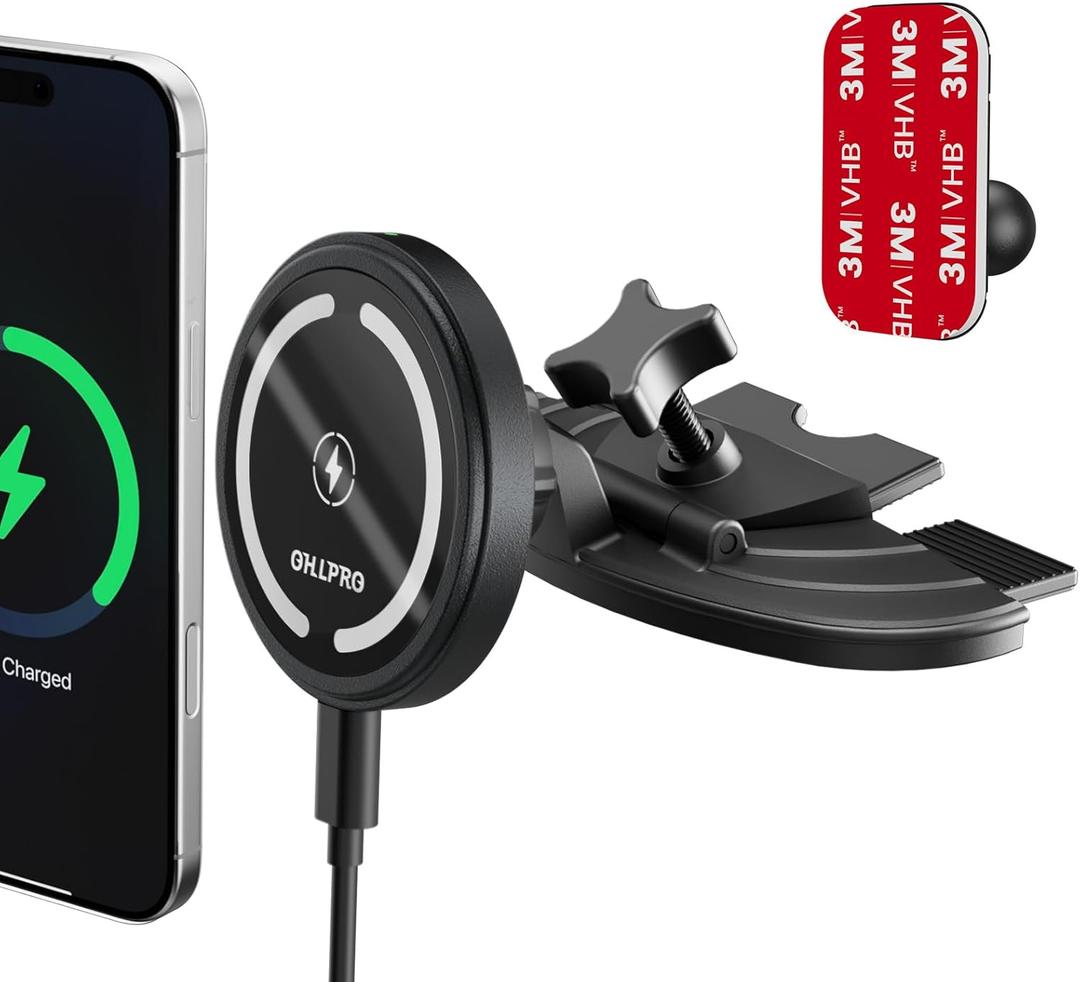 OHLPRO 15W Magsafe Car Mount Charger for iPhone 17, Fast Wireless Charging Magnetic CD Slot Holder with 3M Adhesive Base for Dashboard, Aluminum Shell, Compatible with iPhone 16/15/14 Pro Max, Black