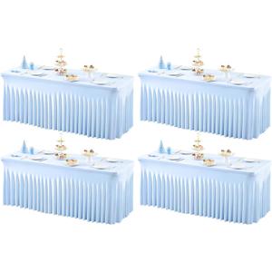 4 Packs Baby Blue Table Clothes for 6 Foot Rectangle Tables, One-Piece Wrinkle Resistant Stretch Spandex Table Covers with Skirt for Event Banquet Wedding Birthday Party, Size: 72" x 30"
