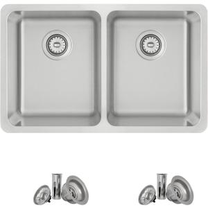 Stylish 29 x 18 Inch Drop in or Undermount Kitchen Sink 8 Inches Deep and 30mm Radius Corners 18G Stainless Steel Double Bowl Kitchen Sinks with Standard Strainers, S-414T