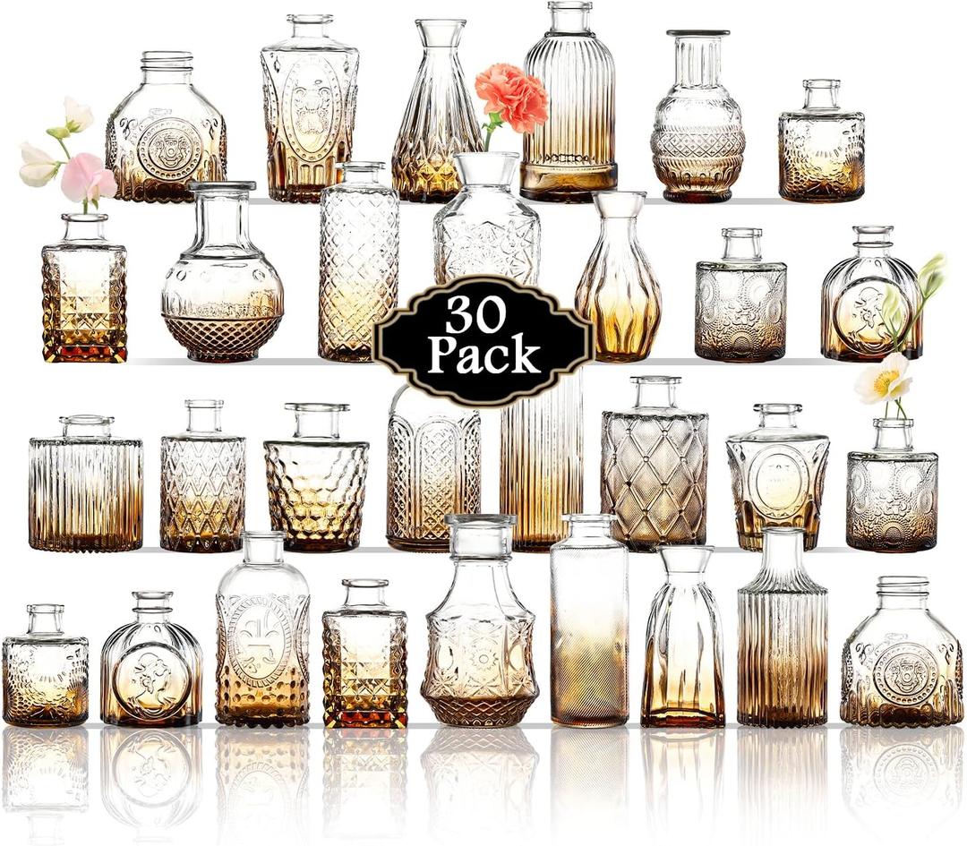 Bud Vases in Bulk 30, Glass Vases for Centerpieces, Small Vases for Flowers, Small Flower Vases for Centerpieces, Mini Vases, Vintage Vases, Amber Bud Vases for Wedding Table Decor
