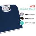Adamson A21 Analog Scales for Body Weight - Up to 300 LB - New - Anti-Skid Rubber Surface - Large Numbers - Analog Bathroom Scale - Affordable - Durable with 20-Year Assurance - Blue