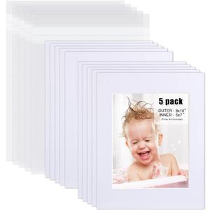 Egofine Pack of 5 White Mat Board Pre-Cut 8x10 Picture Mat for 5x7 Photo with White Core Bevel Cut Mattes Sets. Includes 5 High Premier Acid Free Mats & 5 Backing Board & 5 Clear Bags