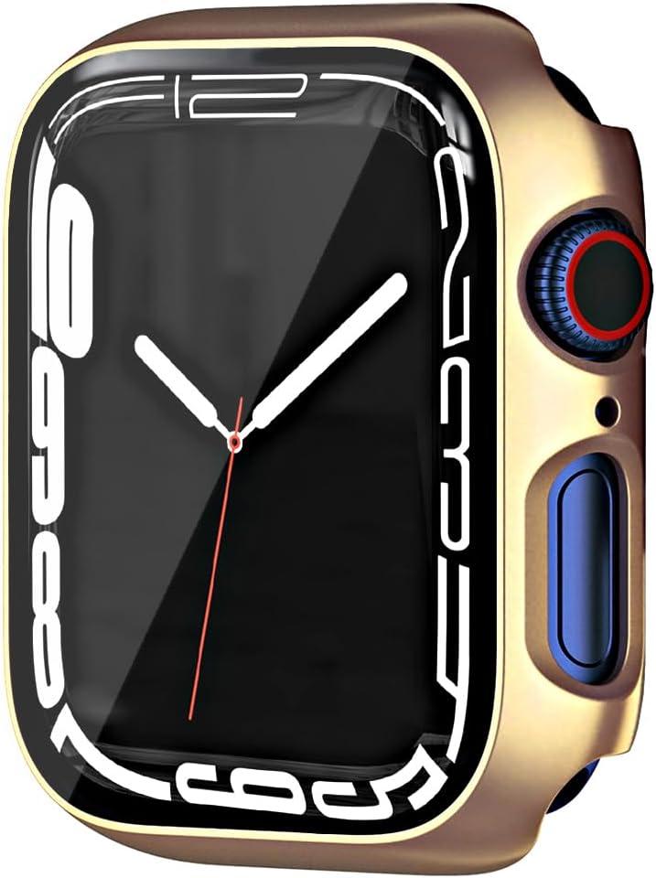 HANKN 45mm Hard Plated Case Compatible with Apple Watch Series 9 8 7 Tempered Glass Screen Protector, Full Coverage Shockproof Bumper Iwatch Cover (Gold)