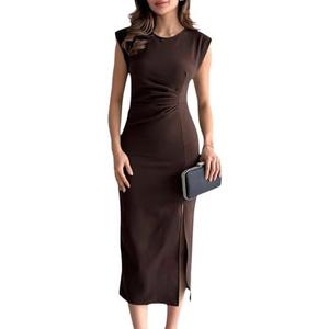 Women's Sexy Ruched Bodycon Midi Dresses Elegant Sleeveless Round Neck Split Party Dress, Small
