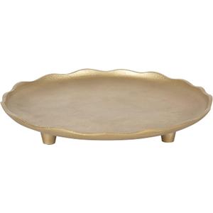 Kate and Laurel Alessia Modern Decorative Scalloped Round Footed Metal Tray; 16 Inch Diameter; Gold; Food-Safe Cast Aluminum Pedestal Transitional Tray with Rough Texture and Deckled Edge