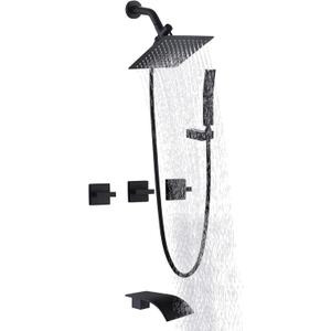 3 Handles Tub Shower Faucet, Bathtub Shower Faucet Set with Tub Spout, Dual 2 in 1 Shower System Complete Tub and Shower Trim Kit, Matte Black