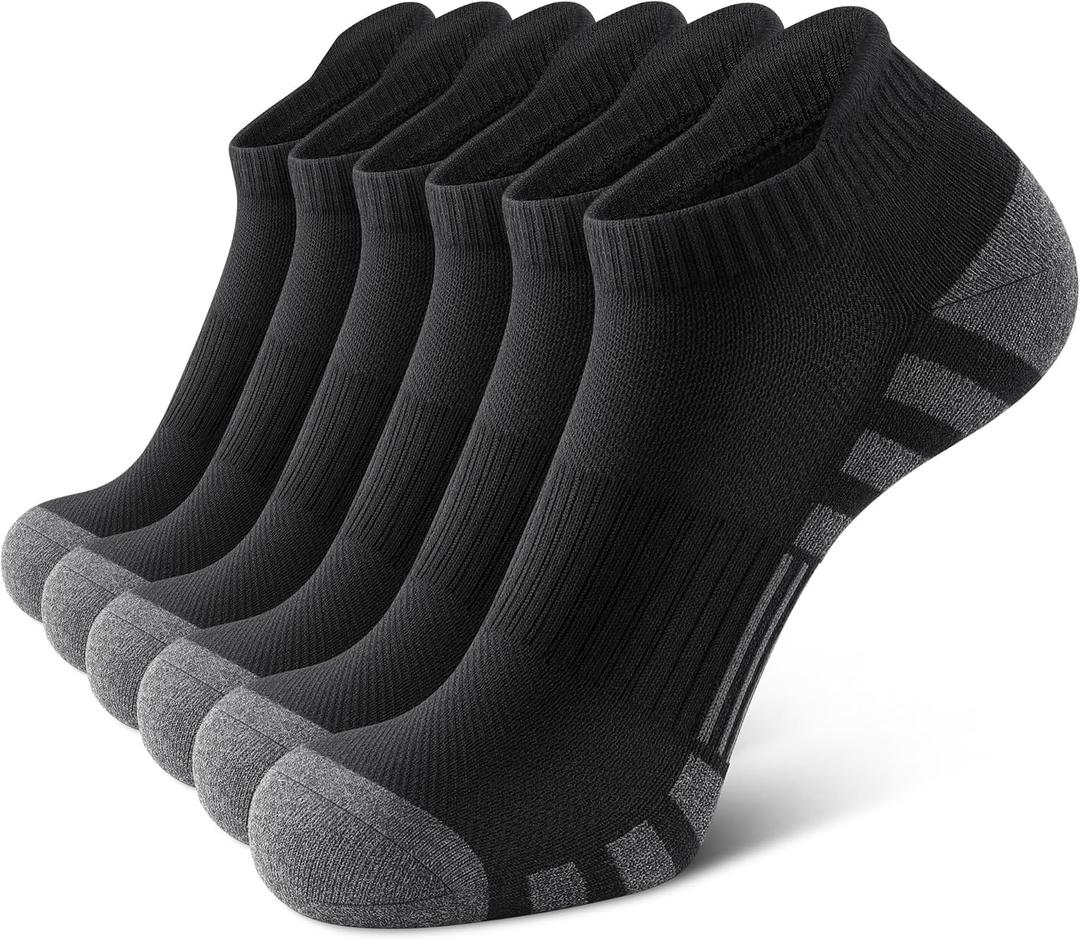 Airacker Athletic Running Ankle Cotton Socks, Low Cut Cushioned Performance Anti-Blister Tab Sports Socks for Men Women (9-12) 6 Pack