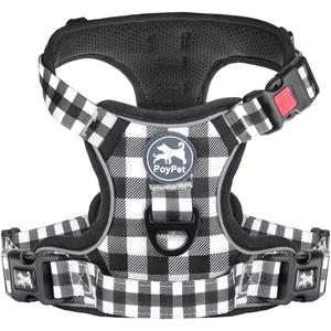 PoyPet No Pull Dog Harness, [Neck Release] Reflective Adjustable No Choke Pet Vest with Front & Back 2 Leash Attachments, Soft Control Training Handle for Small Dogs(Grid,M)