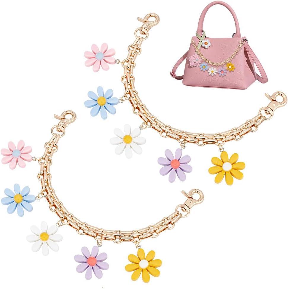 PH PandaHall 9.8 Inch Purse Extender, 2pcs Decorative Bag Strap Golden Metal Bag Chain Strap with Colorful Flower Pearls Replacement Handle Bag Chain Straps Charms for Women Crossbody Shoulder Bag