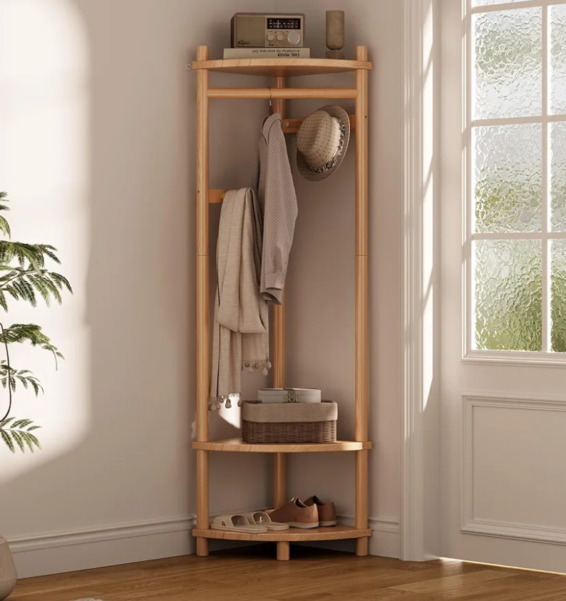 Solid Wood Corner Hall Tree with Hanging Clothes Rod, 4 Hooks Coat Rack with Storage Rack, Clothes Rack for Bedroom Entryway (Natural)