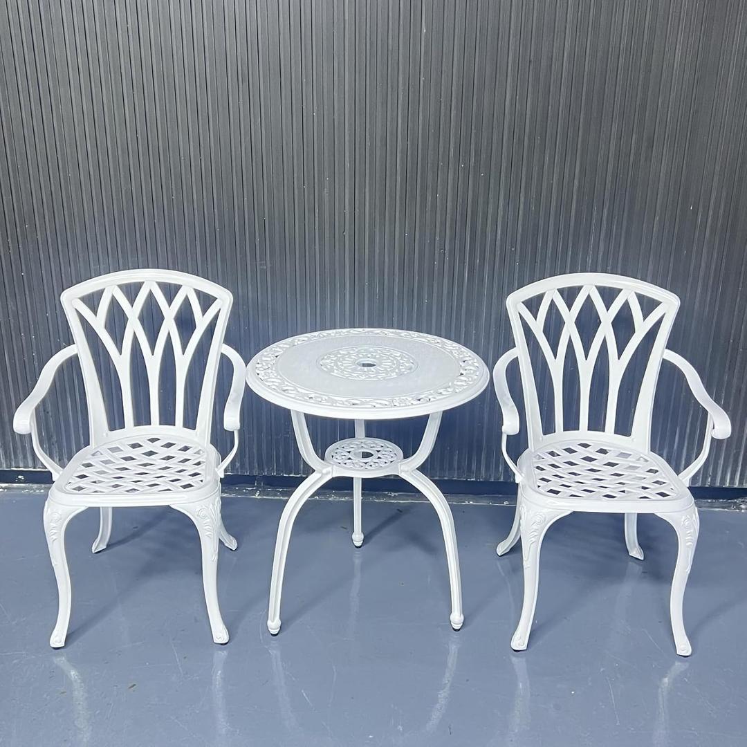 C/G Bistro Set 3 Piece Outdoor Cast Aluminum Patio Bistro Set with Umbrella Hole and Armrests,Outdoor Bistro Table Set,Patio Furniture Set Front Porch Set for Yard Garden Villa (White)