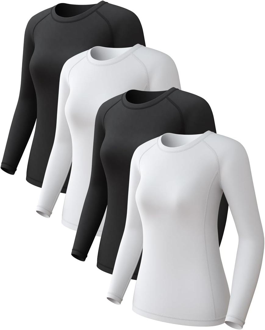 Pack of 4 Women's Long Sleeve Compression Shirts, Dry Fit Workout Athletic Sun Protection Cooling Tops for Yoga Running Gym (X-Large, 2 Black/2 White)