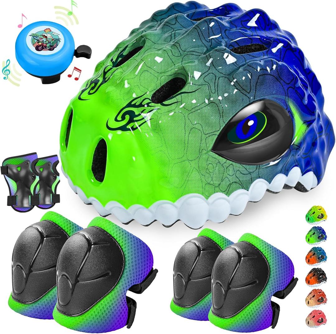 Toddler/Kids Bike Helmet Set for Boys Girls 3D Adjustable Kids Helmet Protective Gear Set Knee Elbow Wrist Pads and Multi-Sports Skateboard Scooter Cycling Roller Balance Bike (Medium: 21.65"-22.84"/55-58cm, Green Blue-Set)
