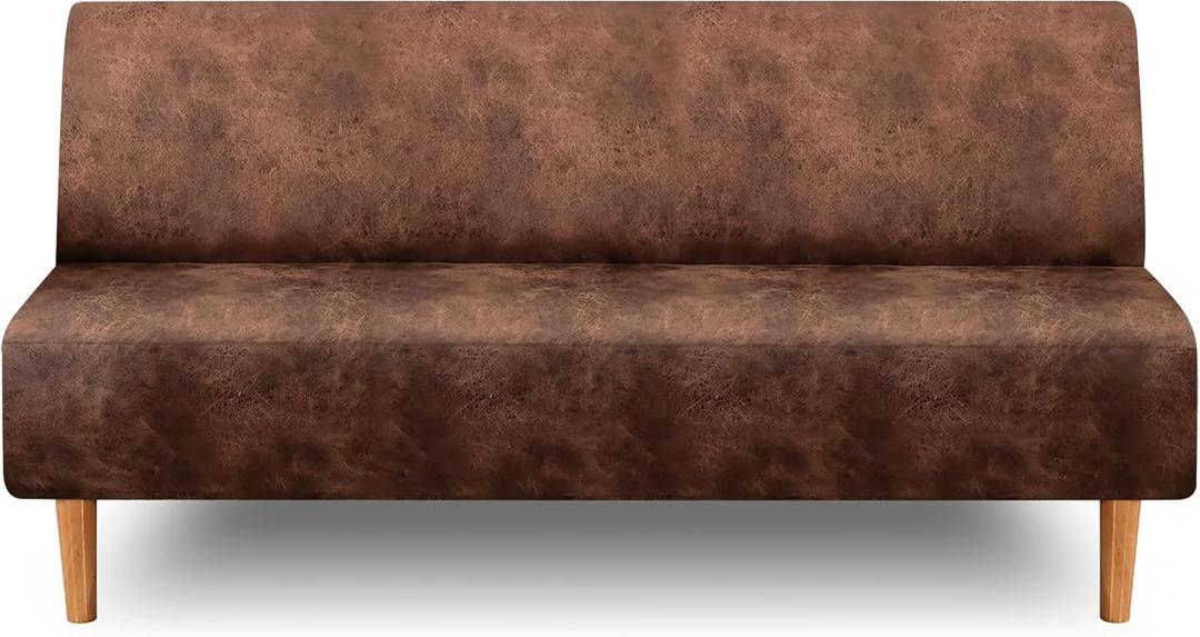 ANARACHON Leather Look Stretch Futon Slipcover Armless Futon Bed Cover Furniture Protector Without Armrests with Elastic Bottom for Sofa Bed (Large, 02-1brown)