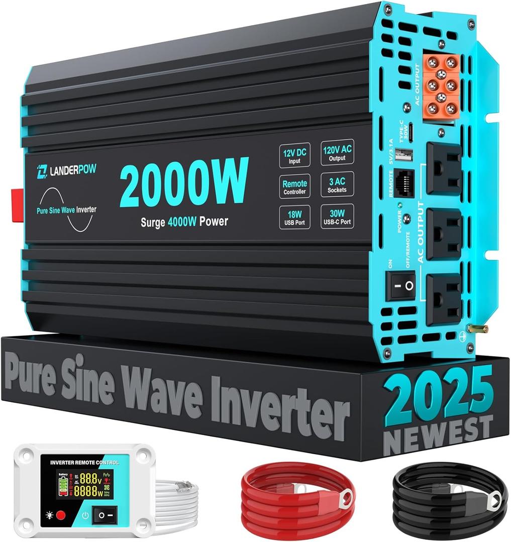 LANDERPOW Pure Sine Wave Inverter 2000 Watt, 12V DC to 120V AC Inverters for RV, Truck, Solar, Home, Power Inverter with 3 AC Outlet, 30W USB-C, 5V 3.1A USB, Hardwire Port, Remote Control, Surge 4000W