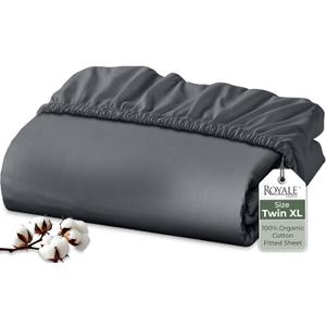 Royale Linens 100% Organic Cotton Fitted Sheet - Percale Weave - Super Soft Deep Pocket Bottom Sheets - Grey Elastic Sheet Twin XL Size - Twin XL Fitted Sheets Only - (39"x80"+15", Grey)