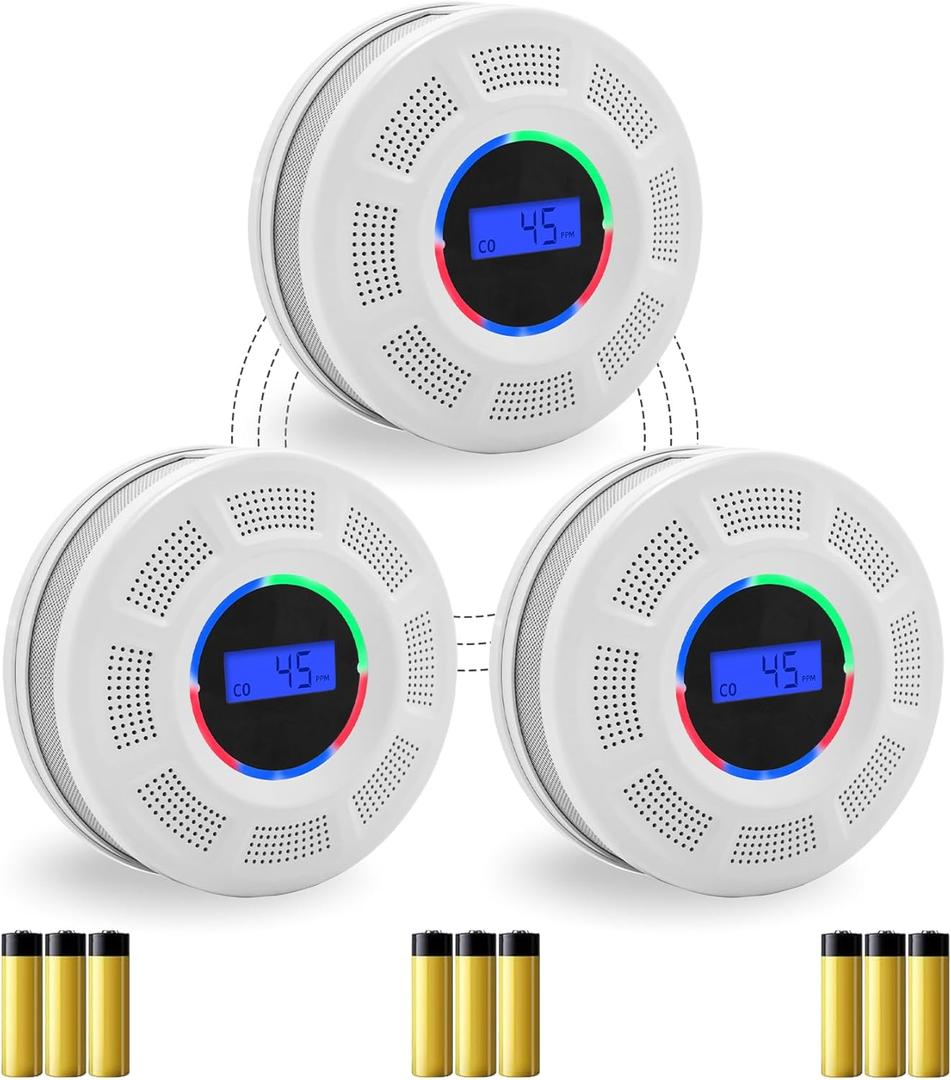 Wireless Interconnected Smoke Carbon Monoxide Detector Battery Powered, Interlinked Combination Smoke and Carbon Monoxide Detector Alarm with Digital Display, Silence Button, Exp. Date: 10 Years After Installation(White-3)