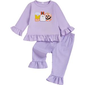 Toddler Girl Halloween Outfit Boo Embroidery Long Sleeve Ruffle Shirt Top Plaid Pants Set 2 Piece Fall Clothes (12-18 Months, Purple)