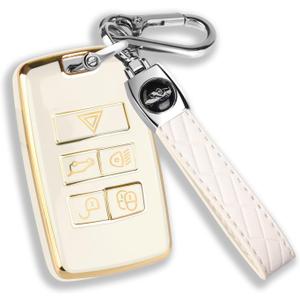 QBUC for Land Rover Key Fob Cover with KeyChain Soft TPU Gold Trim Key Case Full Protection Compatible with 2018-2026 Land Rover Range Rover Evoque Sport Vogue Discovery 5 Jaguar E I-PACE (white)